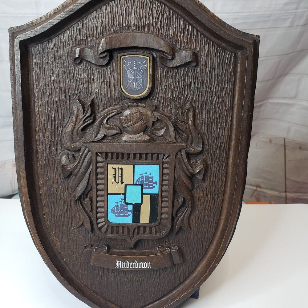 Vintage 70s Underdown Family Crest Coat of Arms Wall Plaque Faux Wood Shield